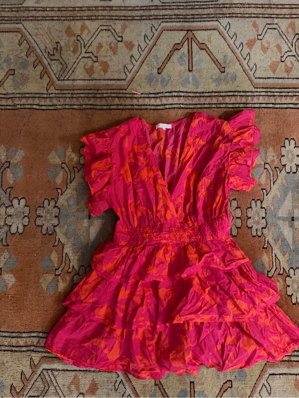 Womens' Olivaceous Pink & Orange Floral Tiered Dress